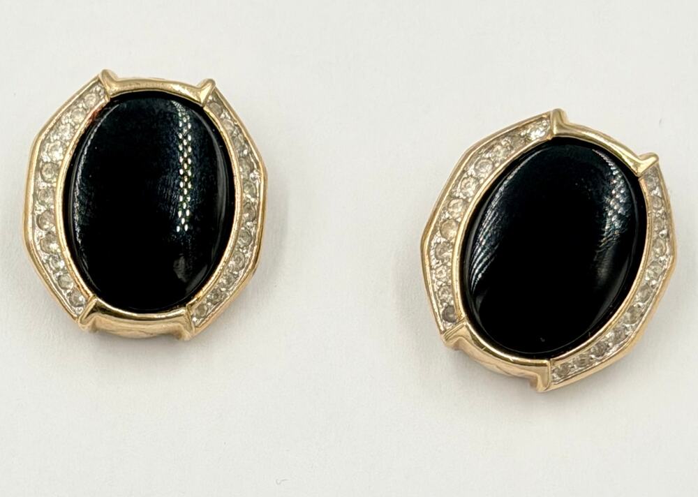 Vintage Panetta Gold Tone Faux Black Onyx & Rhinestone Pierced Earrings 1980's